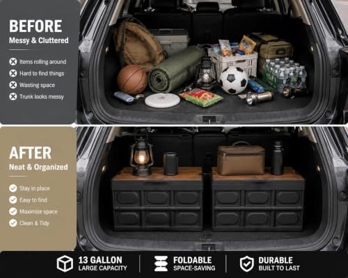Collapsible Storage Bins Box with Lids and Handle, 13 Gallon 50L Portable Plastic Storage Crate Containers Totes, Instacrate Stackable Foldable Camping Basket Supplies for Camp Fishing Car RV, Office