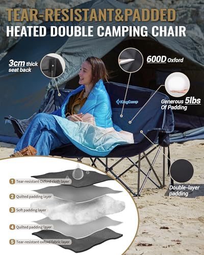 KingCamp Heated Double Camping Chair, Oversized 880lbs Heavy Duty Loveseat for Adults Portable Folding XL 2 Person Couch Padded Comfortable with 3 Heat Levels for Outdoor Sports Lawn, Blue/Grey