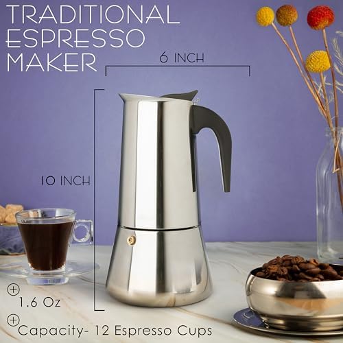 Mixpresso 12 Cup Greca Moka Pot, Stainless Steel Stovetop Espresso Maker