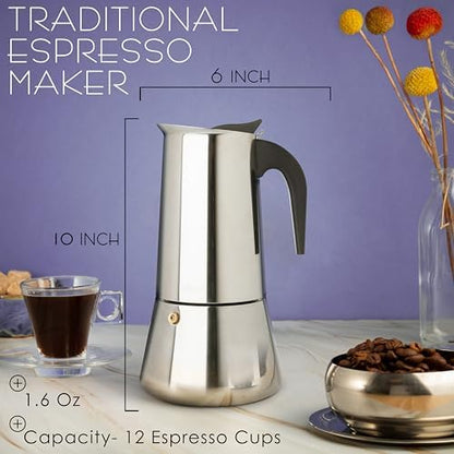 Mixpresso 12 Cup Greca Moka Pot, Stainless Steel Stovetop Espresso Maker