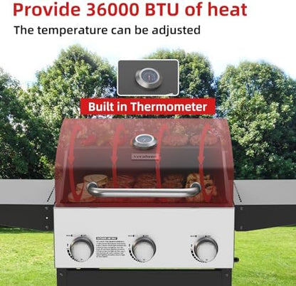 Veralune 3 Burner Gas Grill, Outdoor Propane Grill with Wheels, 445 SQ. IN