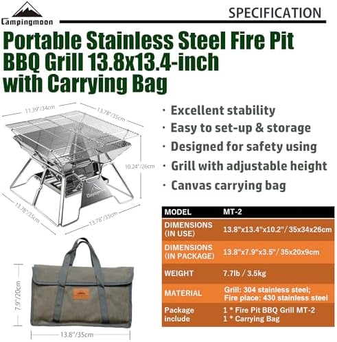 CAMPINGMOON Portable Fire Pit Grill 14 Inch Stainless Steel MT-2