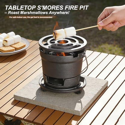 2-in-1 Hibachi Grill & S'mores Maker, 100% Pre-Seasoned Cast Iron, 6.5" Mini Small Portable Charcoal BBQ Grill for Outdoor Camping - 2 Heights, Draft Door