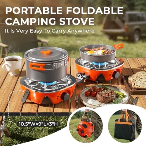 20000 BTU Propane Camping Stove with Cookware Set & Carry Bag Orange