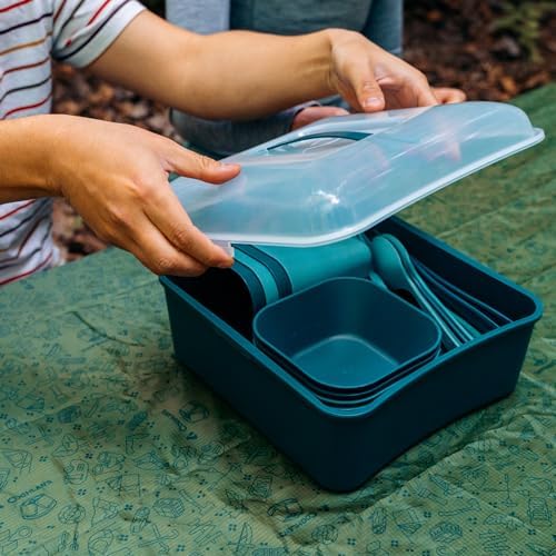 Coghlan's 4-Person Tableware Set for Camping and Outdoor Dining - Durable, Lightweight, Dishwasher Safe, Reusable, Includes Plates, Cups, Bowls, Cutlery in Portable Storage Container with Carry Handle