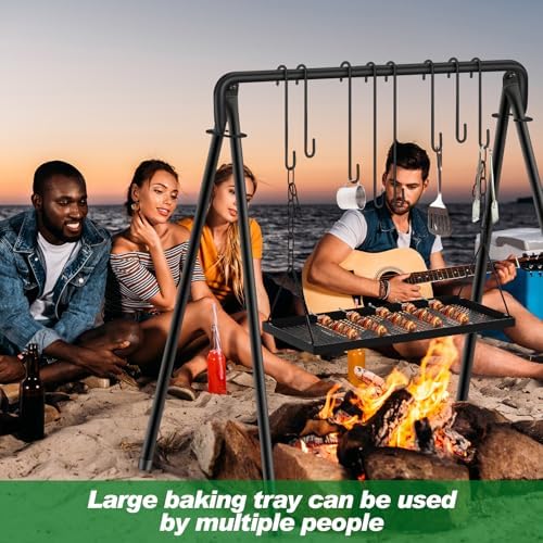 Rossesay Grill Swing Campfire Stand Campfire Cooking Equipment Adjustable Camping Accessories Cookware Hanging Rack with 8 Hooks and Portable Grill Stand for BBQ Picnic Outdoor Party