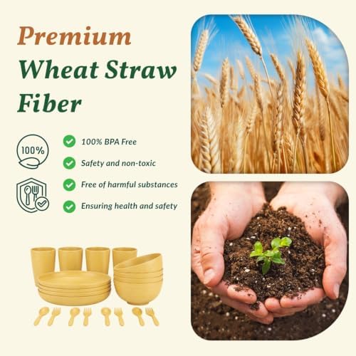 Wheat Straw Dinnerware Sets, Homienly 20pcs Unbreakable Microwave Dishwasher Safe Tableware Lightweight Bowls, Cups, Plates Set Reusable Dinner Plates Bowls set (Yellow)