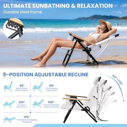 2 Pack Premium 5-Position Reclining Camping Chair - Portable Folding Lightweight Outdoor Chair with Wooden Armrests, Headrest & Pockets, 350lbs Heavy Duty for Beach, Patio, Cream White