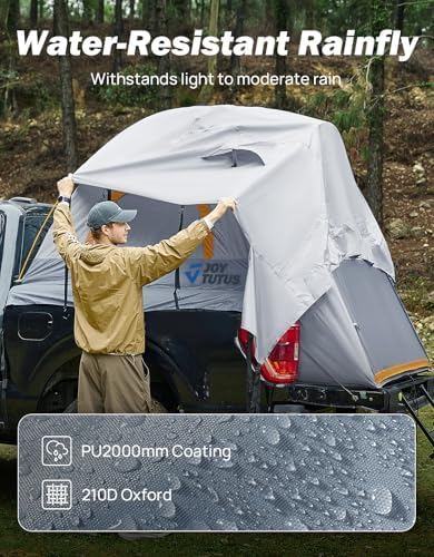 JOYTUTUS Pickup Truck Tent 5ft 2.0, Waterproof PU2000mm Double Layer for 2 Person, Portable Truck Bed Tent with Rainfly - Orange, Aluminum Pole