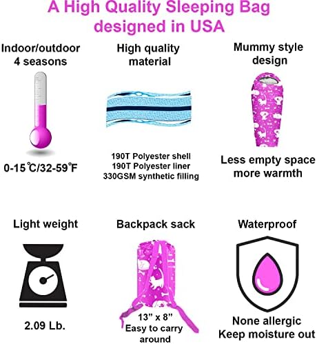 KidzAdventure Mummy Style 32 – 59F Kids Sleeping Bag with Pillow Sleeve, 4 Season, Lightweight and Backpacking Style, Ideal for Camping, Sleepover, Boys, Girls, and Youth