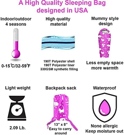 KidzAdventure Mummy Style 32 – 59F Kids Sleeping Bag with Pillow Sleeve, 4 Season, Lightweight and Backpacking Style, Ideal for Camping, Sleepover, Boys, Girls, and Youth