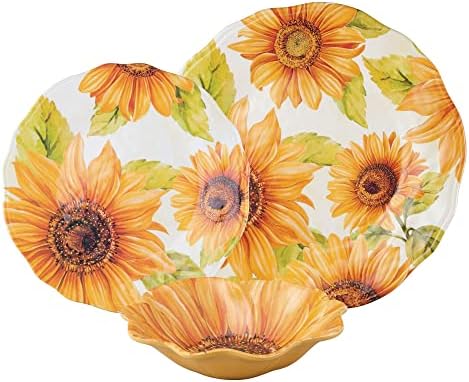 UPware 12 Piece Sunflower Melamine Dinnerware Sets, Outdoor Dishes Set, Plates and Bowls Sets, Service for 4, Yellow