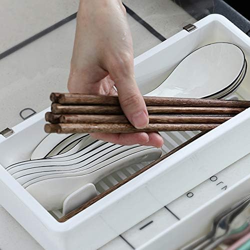 White Flatware Tray Kitchen Drawer Organizer With Lid And Drainer - Plastic Kitchen Cutlery Tray and Utensil Storage Container with Cover - 11.0 Inch Silverware Holder Drawer Organizer