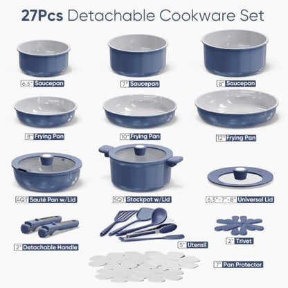 CAROTE 27pcs Ceramic Cookware Set, Pots and Pans Set with Detachable Handle