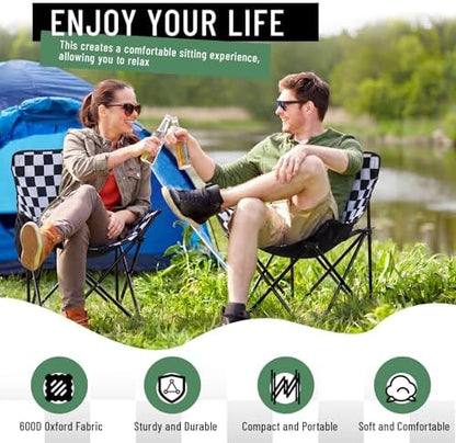 2 Pack Folding Camping Chairs Portable, Black, White, Chessboard