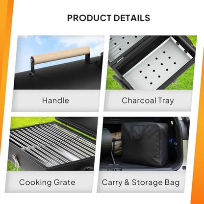 VINGLI Portable Double Sides Charcoal Grill, Wooden Handle, Storage Bag, Multi-functional Metal Compact Tabletop BBQ Outdoor Charcoal Grill for Camping Travel Picnic Patio