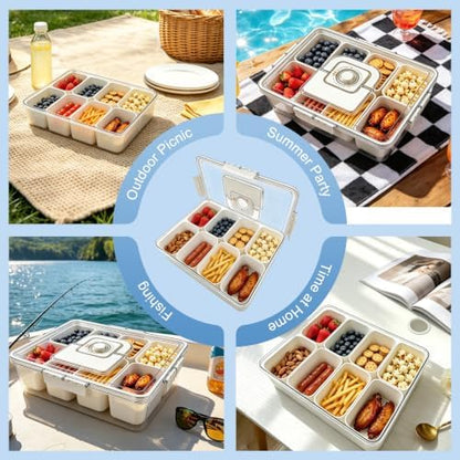 Chilled Snack Box with Reusable Ice Pack, Bonus Insulated Bag, 8 Compartment Food Storage Container for Fruits, Snacks & Charcuterie – Perfect for Outdoor, Camping & Road Trips