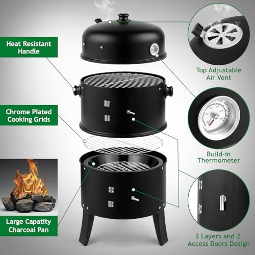 31.5" Portable Adjustable Barrel Charcoal Grill,Metal Outdoor Barbecue Smoker,Heavy Duty Outdoor BBQ Grill,Vertical Camping Barbecue Grill,with Thermometer,for Garden Patio Beach Backyard (Black)