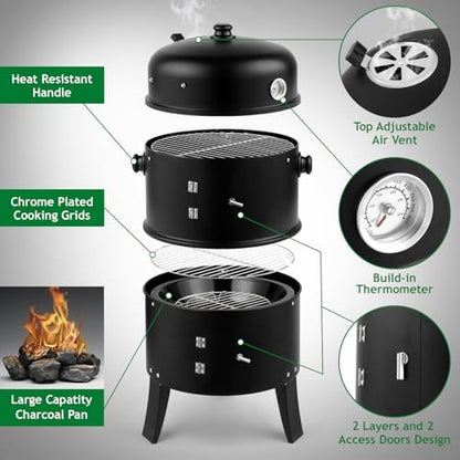 31.5" Portable Adjustable Barrel Charcoal Grill,Metal Outdoor Barbecue Smoker,Heavy Duty Outdoor BBQ Grill,Vertical Camping Barbecue Grill,with Thermometer,for Garden Patio Beach Backyard (Black)