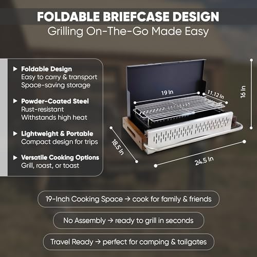 GasOne XL Portable Charcoal Grill – 24.5 x 18.5-inch Foldable Barbecue Grill Briefcase with Lid – Lightweight and Compact Charcoal Smoker for Camping, Garden, Beach, Backyard – No Assembly