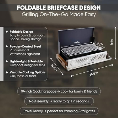 GasOne XL Portable Charcoal Grill – 24.5 x 18.5-inch Foldable Barbecue Grill Briefcase with Lid – Lightweight and Compact Charcoal Smoker for Camping, Garden, Beach, Backyard – No Assembly