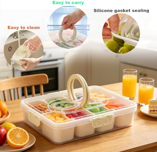 Snackle Box Container,Divided Serving Tray with Lid and Handle,Dishwasher Safe Snack Box Charcuterie Board,8-Compartment Snack Container for Adults,Fruit Veggie Tray Snack Organizer for Party Picnic