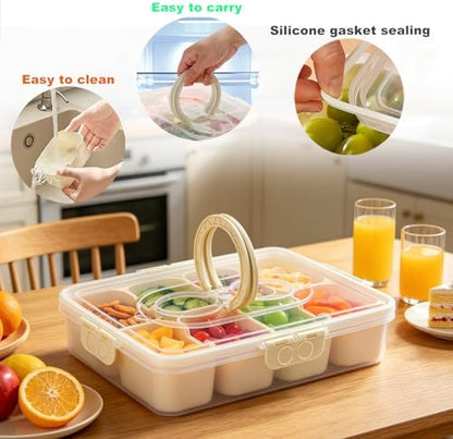 Snackle Box Container,Divided Serving Tray with Lid and Handle,Dishwasher Safe Snack Box Charcuterie Board,8-Compartment Snack Container for Adults,Fruit Veggie Tray Snack Organizer for Party Picnic