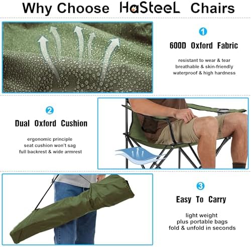 HaSteeL Camping Chair for Adults, Folding Beach Chair Set of 2, Large Foldable Portable Chair for Outdoors Fishing, Hiking, Sporting, Travel, Picnic, Lawn, Hold 275lbs & A Storage Bags (Green)