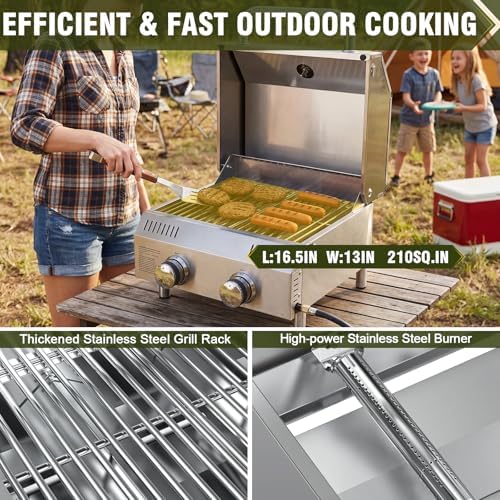 Bestfire Tabletop 2-Burner Gas Grill, 20,000 BTU Stainless Steel Portable Propane Grill, Removable Legs, Push-Button Ignition, Thermometer, for Outdoor Patio, Camping, Tailgating & RV
