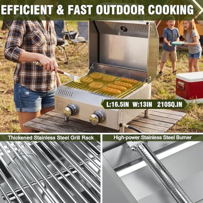 Bestfire Tabletop 2-Burner Gas Grill, 20,000 BTU Stainless Steel Portable Propane Grill, Removable Legs, Push-Button Ignition, Thermometer, for Outdoor Patio, Camping, Tailgating & RV