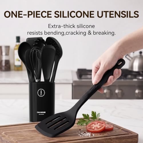 Silicone Cooking Utensils Set - 600°F Heat Resistant, Nonstick Kitchen Utensil Set with Spatulas, Spoons, Whisk, Tongs, BPA Free, Dishwasher Safe, Black