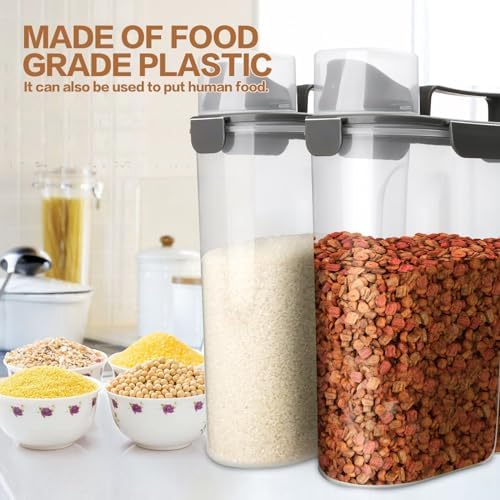 TIOVERY Dog Food Storage Container, 5-7 Lbs Airtight Pet Food Container, Cat food Container Dispenser with Portable Handle, Pouring Spout and Measuring Cup for Dogs Cats 2Pack White/6Qt