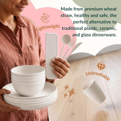 Homienly Kitchen Plates and Bowls Sets, Wheat Straw Dinnerware Sets 28 Pcs