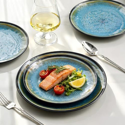 Melamine Dinnerware Sets, 12 Pcs Plates and Bowls for 4, Blue and Black