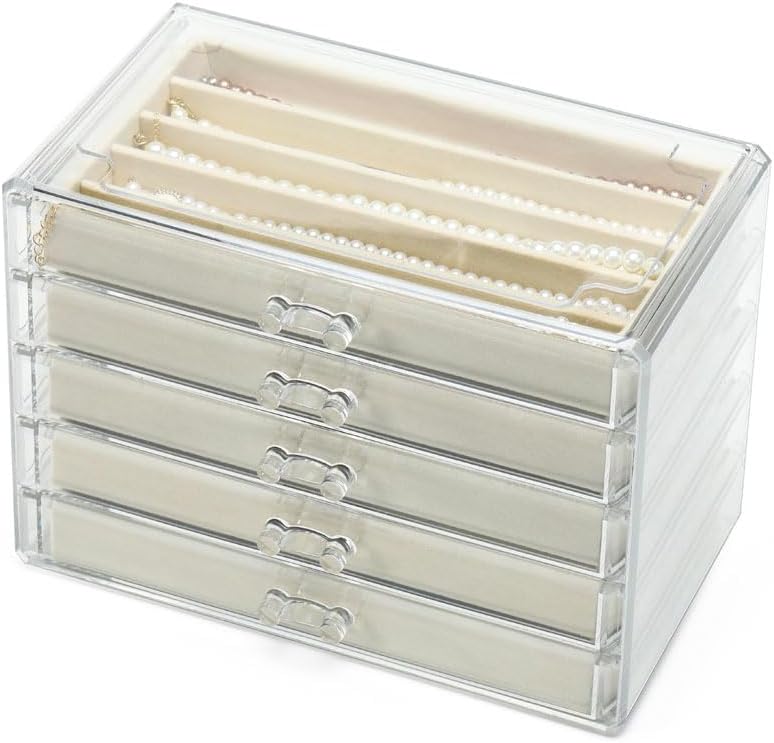 5 Drawers Necklace Organizer Storage, Tray with Clear Lid, Dustproof Velvet Necklaces Holder Storage Display Case, Necklace Tray Drawer Insert for Pendant Suitable for Women and Girls (25 grids)