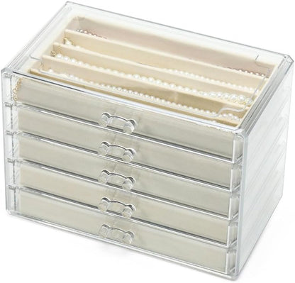 5 Drawers Necklace Organizer Storage, Tray with Clear Lid, Dustproof Velvet Necklaces Holder Storage Display Case, Necklace Tray Drawer Insert for Pendant Suitable for Women and Girls (25 grids)