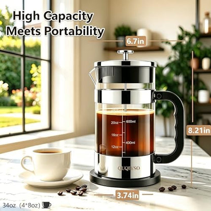 QUQIYSO French Press Coffee Maker 34oz, Thickened Glass Coffee French Press