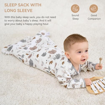 Baby Sleep Sack 0-6 Months, Long Sleeve Baby Wearable Blanket 0.5 Tog with Mittens, 2-Way Zipper Newborn Cotton Sleeping Sack for Boy and Girl Grey Elephant 2 Pack (Small)