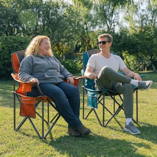 2 Pack Padded Oversized Camping Chairs for Adults,Heavy Duty Support 400 Lbs,Folding Portable Lawn Chair w/Cup Holder,Cooler Bag,Side Pocket,Perfect for Outdoor Picnic,Hiking(Orange&Blue)