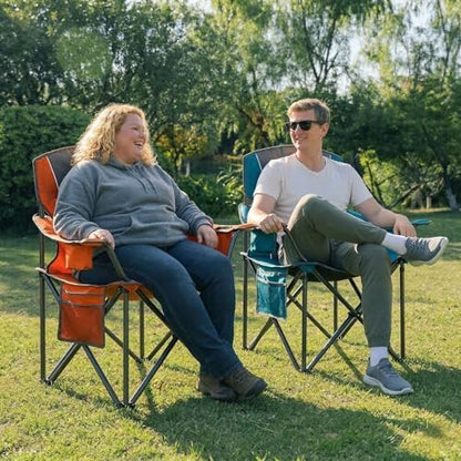 2 Pack Padded Oversized Camping Chairs for Adults,Heavy Duty Support 400 Lbs,Folding Portable Lawn Chair w/Cup Holder,Cooler Bag,Side Pocket,Perfect for Outdoor Picnic,Hiking(Orange&Blue)