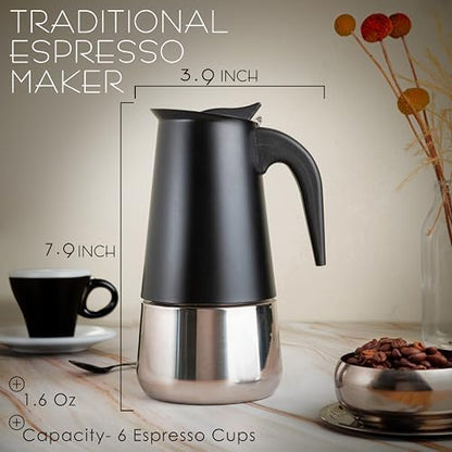 Mixpresso 6 Cup Greca Moka Pot, Stainless Steel Stovetop Espresso Maker