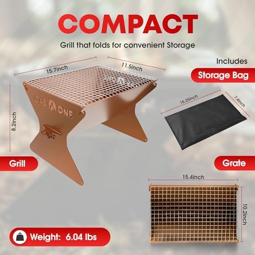 GasOne 15” Portable Charcoal Grill – Foldable BBQ Grill – Camping Grills for Backyard, Bonfire, Patio – Heavy-Duty Portable Fire Pit – Camp Cooking Gear, Brown