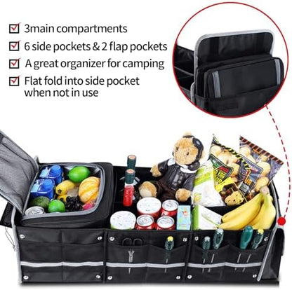 Car Trunk Organizer with Removable Cooler Bag - Collapsible Multi-Compartment Storage for SUV Truck Groceries Camping, Durable Nylon Auto Cargo Organizer (Black)