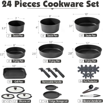 SENSARTE 24 Piece Nonstick Detachable Handle Pots and Pans Set Black