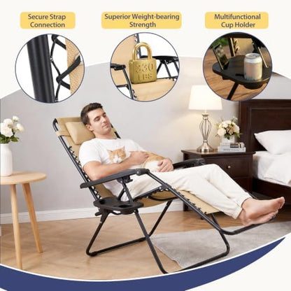 Sweetcrispy Zero Gravity Chairs, Set of 2 Portable Recliner Beach Camping Patio Outdoor Folding Lounge Chair with Cup Holder Trays and Adjustable Pillow for Poolside, Garden, Backyard, Lawn, Khaki