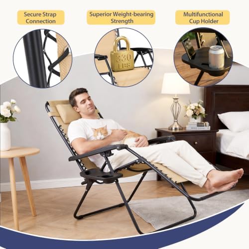 Sweetcrispy Zero Gravity Chairs, Set of 4 Portable Recliner Beach Camping Patio Outdoor Folding Lounge Chair with Cup Holder Trays and Adjustable Pillow for Poolside, Garden, Backyard, Lawn, Khaki