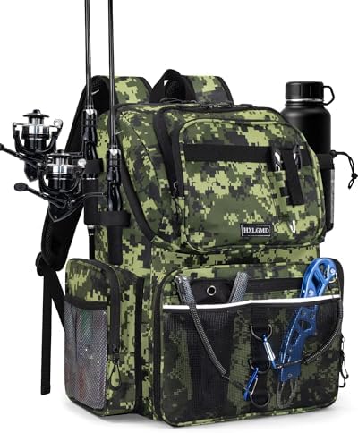 HXLGMD Fishing Backpack with Rod Holders, 43L Large Water Resistant Tackle Bag Storage Gear and Equipment with Cooler for Men Fishing, Camping, Hiking, Green