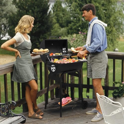 33.8" Portable Barrel Charcoal Grill,Metal Outdoor Barbecue Smoker,Heavy Duty Outdoor BBQ Grill,Vertical Camping Barbecue Grill,with Side Table & Wheels,for Garden Patio Beach Backyard (Black)