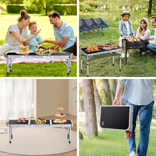 Anbte 3ft Folding Camping Table, 3 Adjustable Height Max 27.5", Black