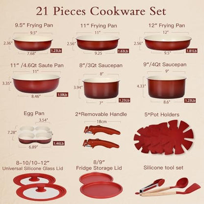 GIPP Pots and Pans Set Non Stick,Kitchen Cookware Set Detachable Handle, Non Toxic Cooking Pan Set with Frying Pans Set,RV Cookware Sets for All Stoves, Red Black Gradient, 21PCS